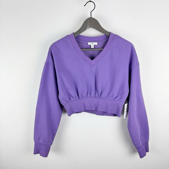 BP. V-Neck Cropped Sweatshirt Size XS Pullover Purple Long Sleeve Crop Top NWT - Picture 1 of 14